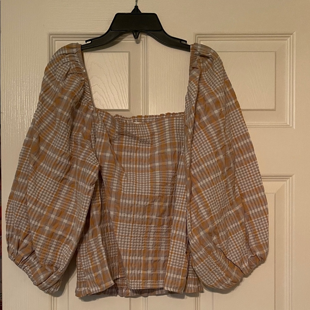 Maeve by Anthropologie Checkered Puff Sleeve Blouse in orange and white
